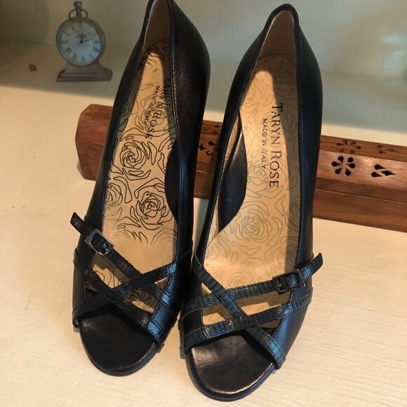 Women's Taryn Rose Black Leather Open Toe Vero Cuoio Italy Size 5 1/2 - Picture 3 of 14